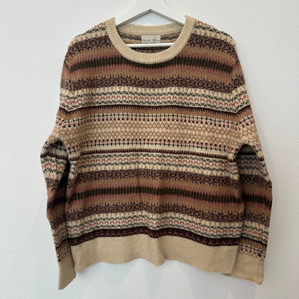 Becool brown cream neutral earthy striped Fair Isle print crewneck sweater M/L